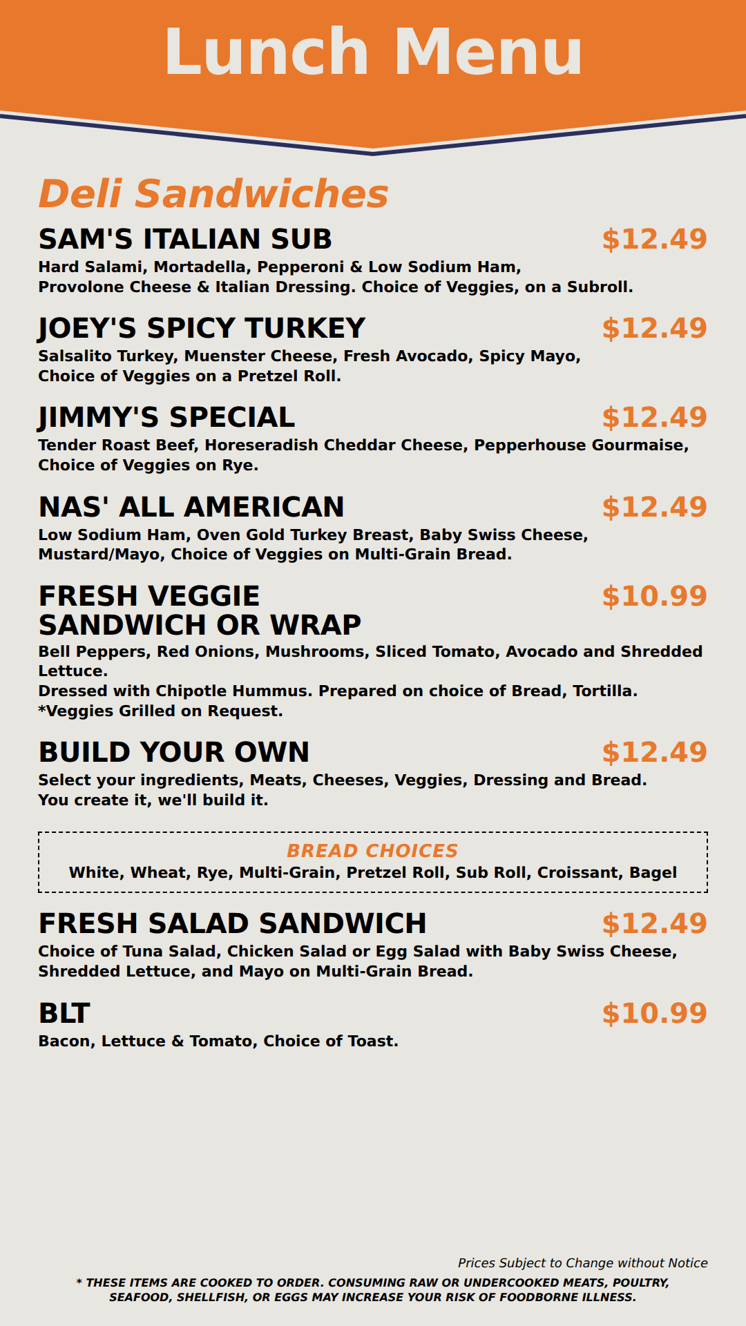 Lunch Deli Sandwiches menu board